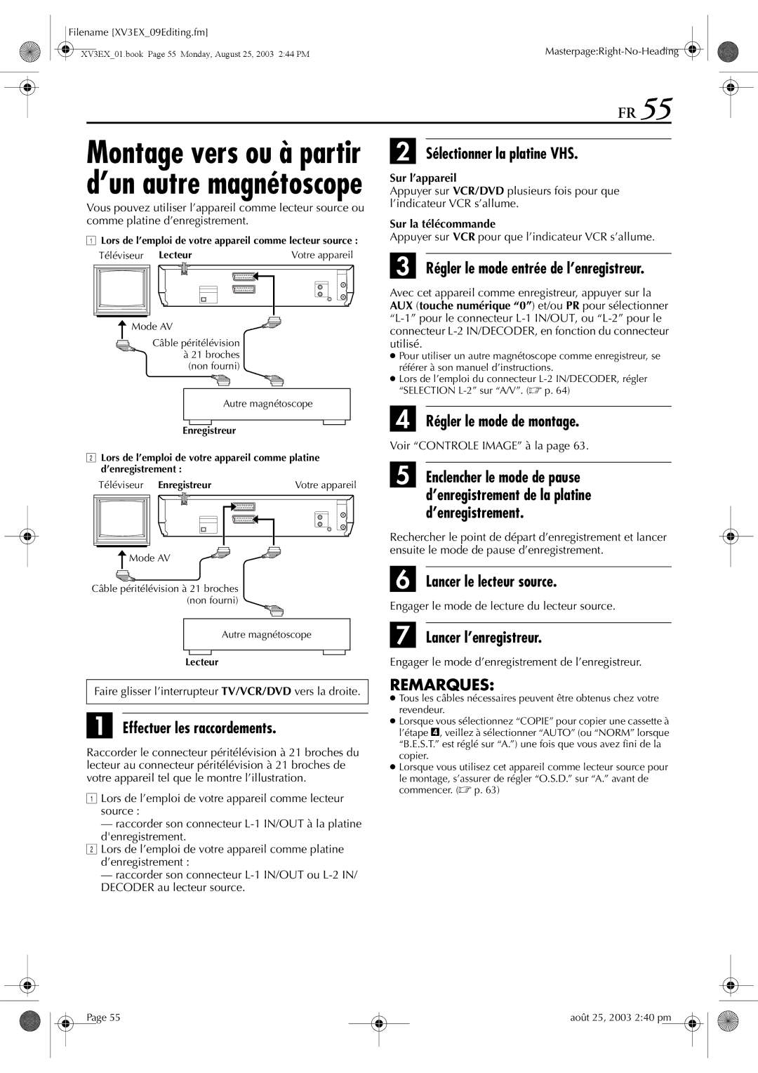 JVC HR-XV32E manuel dutilisation Lancer le lecteur source, Lancer l’enregistreur, Régler le mode entrée de l’enregistreur 