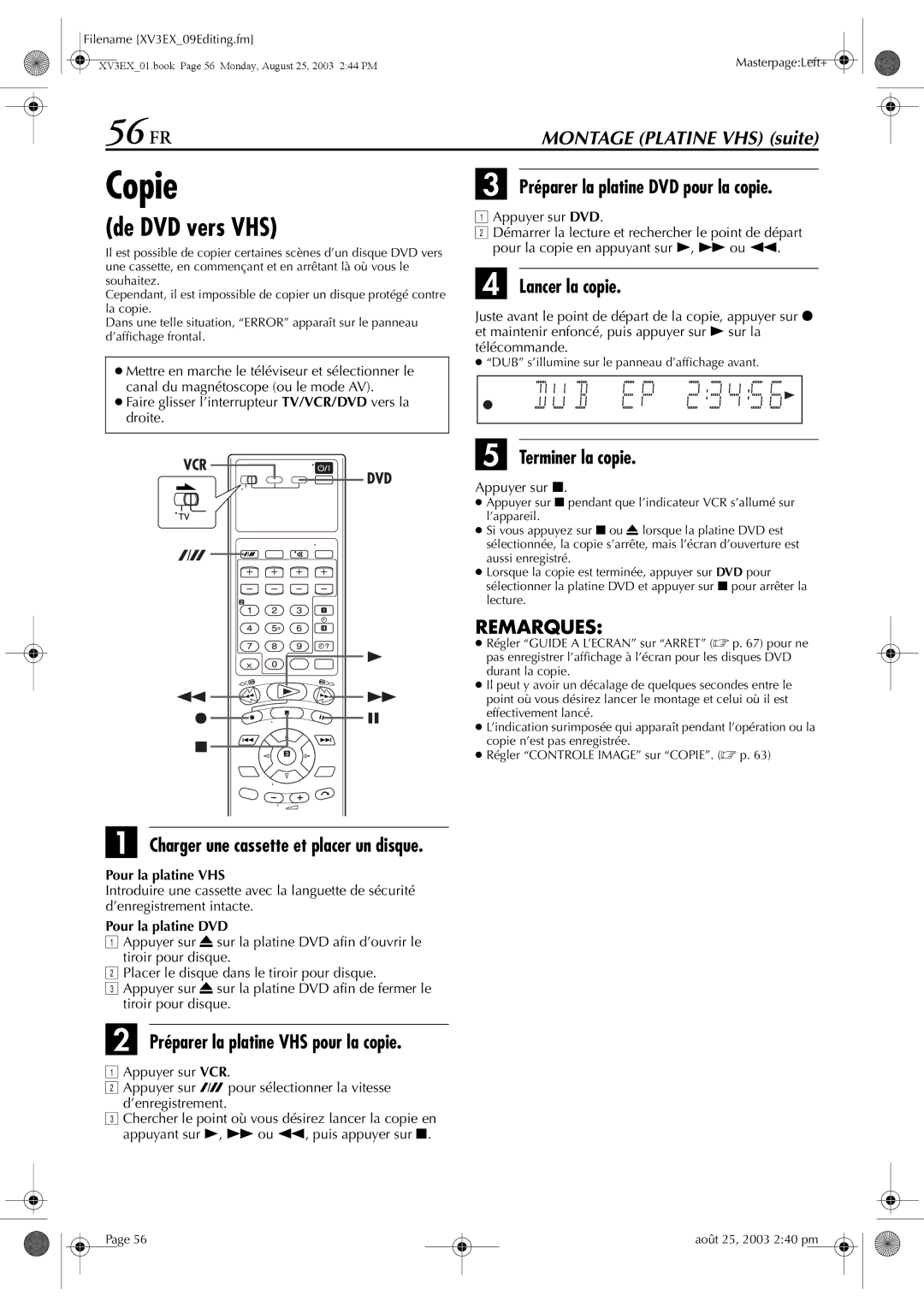 JVC HR-XV32E manuel dutilisation 56 FR, Copie, De DVD vers VHS 