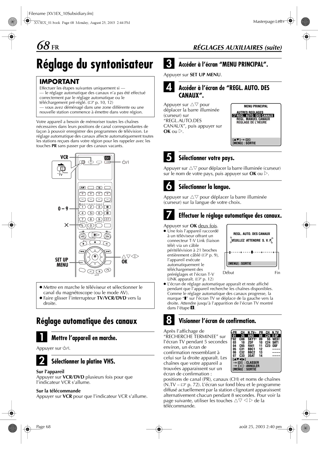 JVC HR-XV32E manuel dutilisation 68 FR, Accéder à l’écran de REGL. AUTO. DES, Effectuer le réglage automatique des canaux 