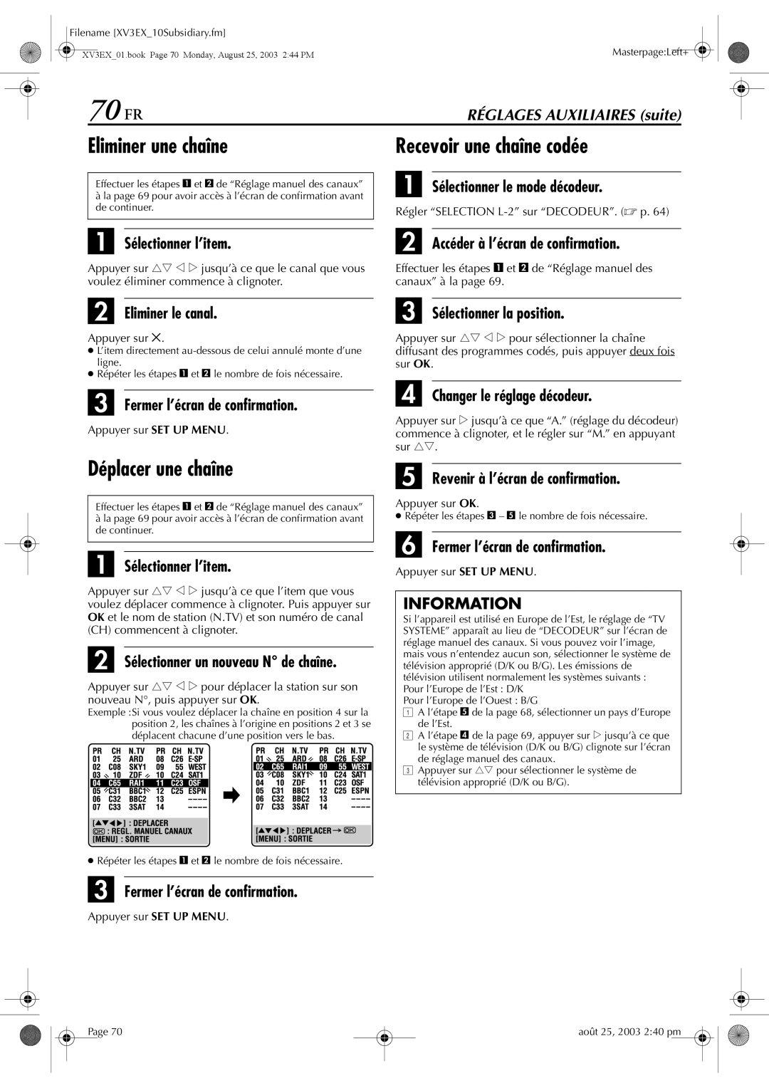 JVC HR-XV32E manuel dutilisation 70 FR, Eliminer une chaîne Recevoir une chaîne codée, Déplacer une chaîne 