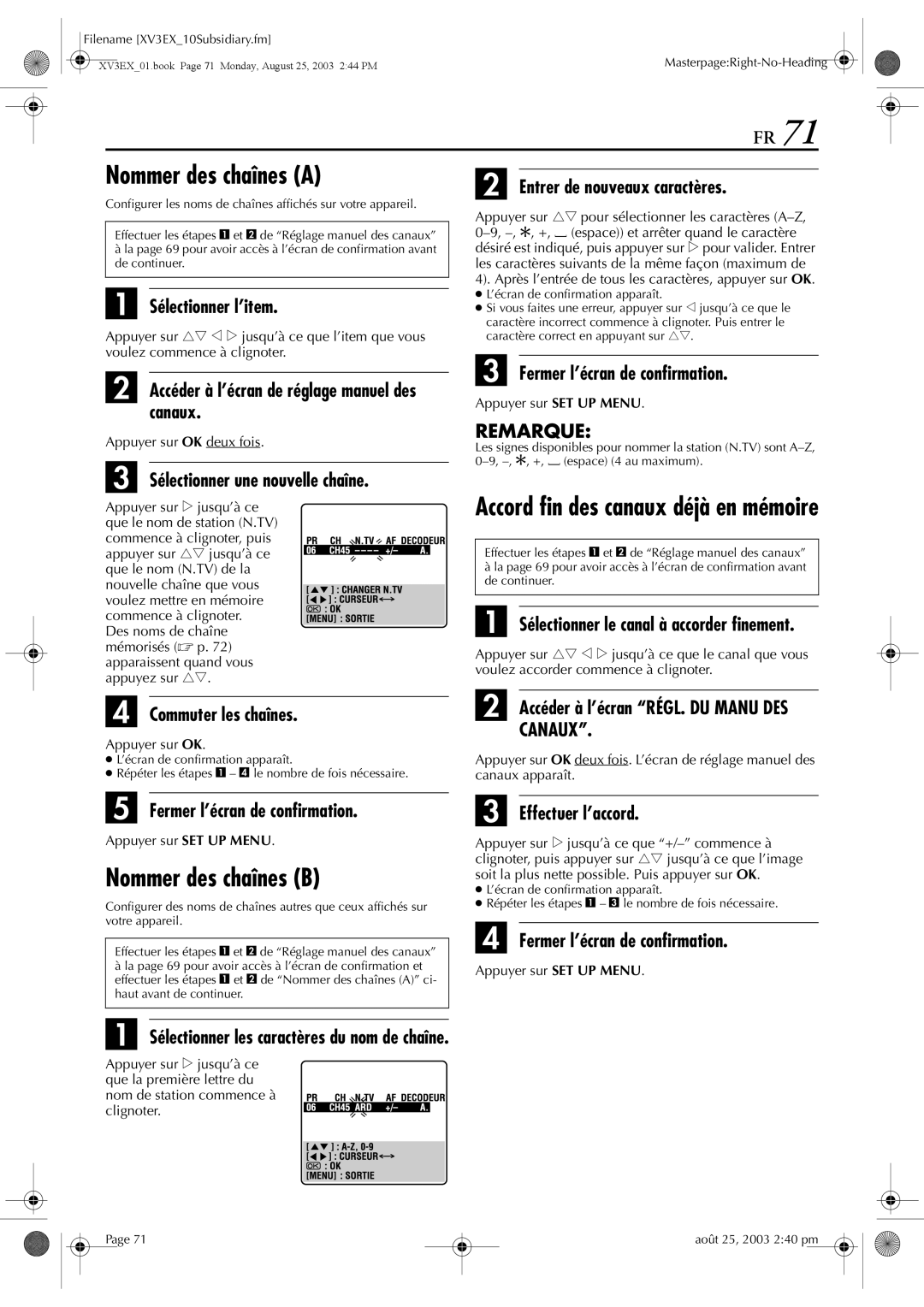 JVC HR-XV32E manuel dutilisation Nommer des chaînes a, Nommer des chaînes B 