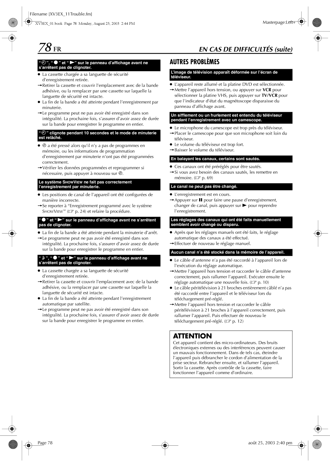 JVC HR-XV32E manuel dutilisation 78 FR, EN CAS DE Difficultés suite 