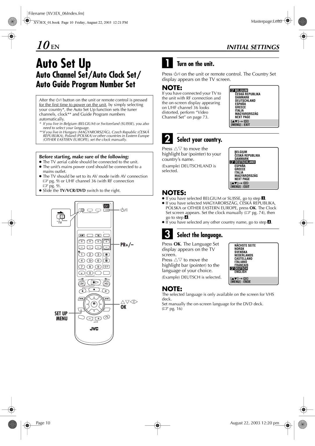 JVC HR-XV32E manual 10 EN, Auto Set Up, Turn on the unit, Select your country, Select the language 