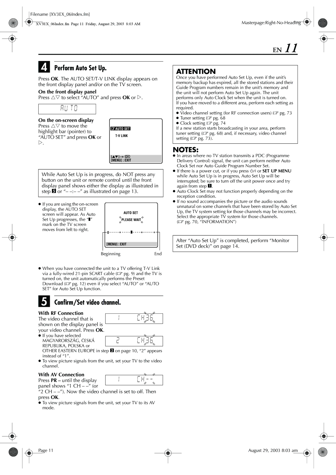 JVC HR-XV32E manual Perform Auto Set Up, Confirm/Set video channel, On the front display panel, On the on-screen display 