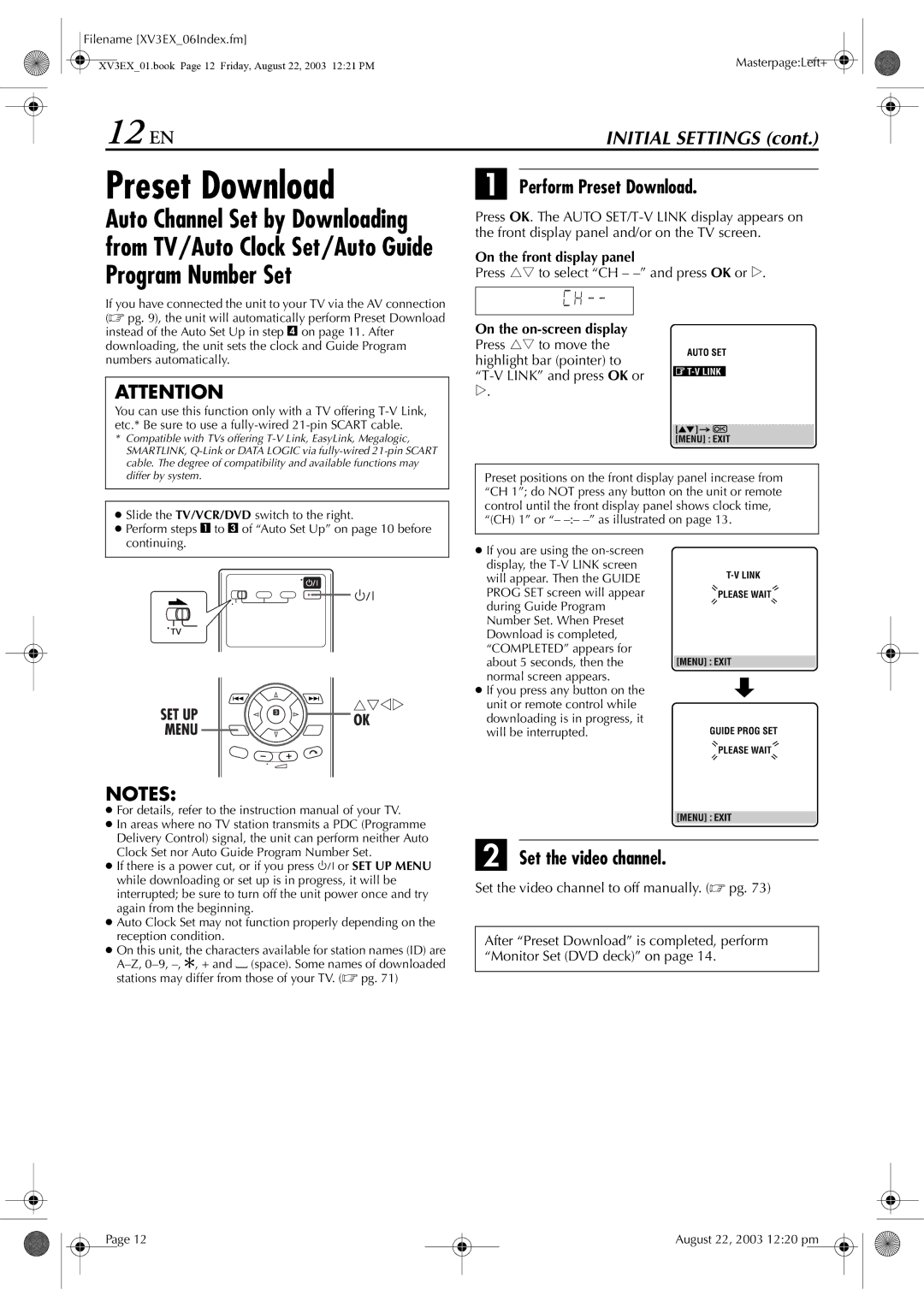 JVC HR-XV32E manual 12 EN, Program Number Set, Perform Preset Download, Set the video channel 