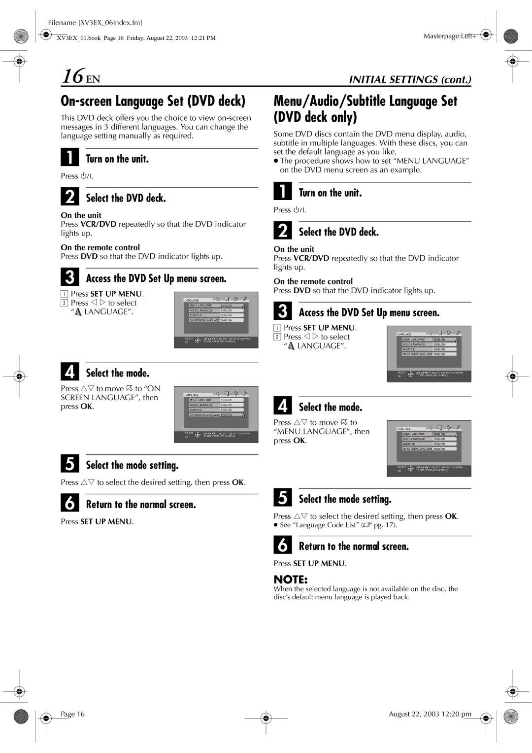 JVC HR-XV32E manual 16 EN, DVD deck only, Access the DVD Set Up menu screen, Select the mode 