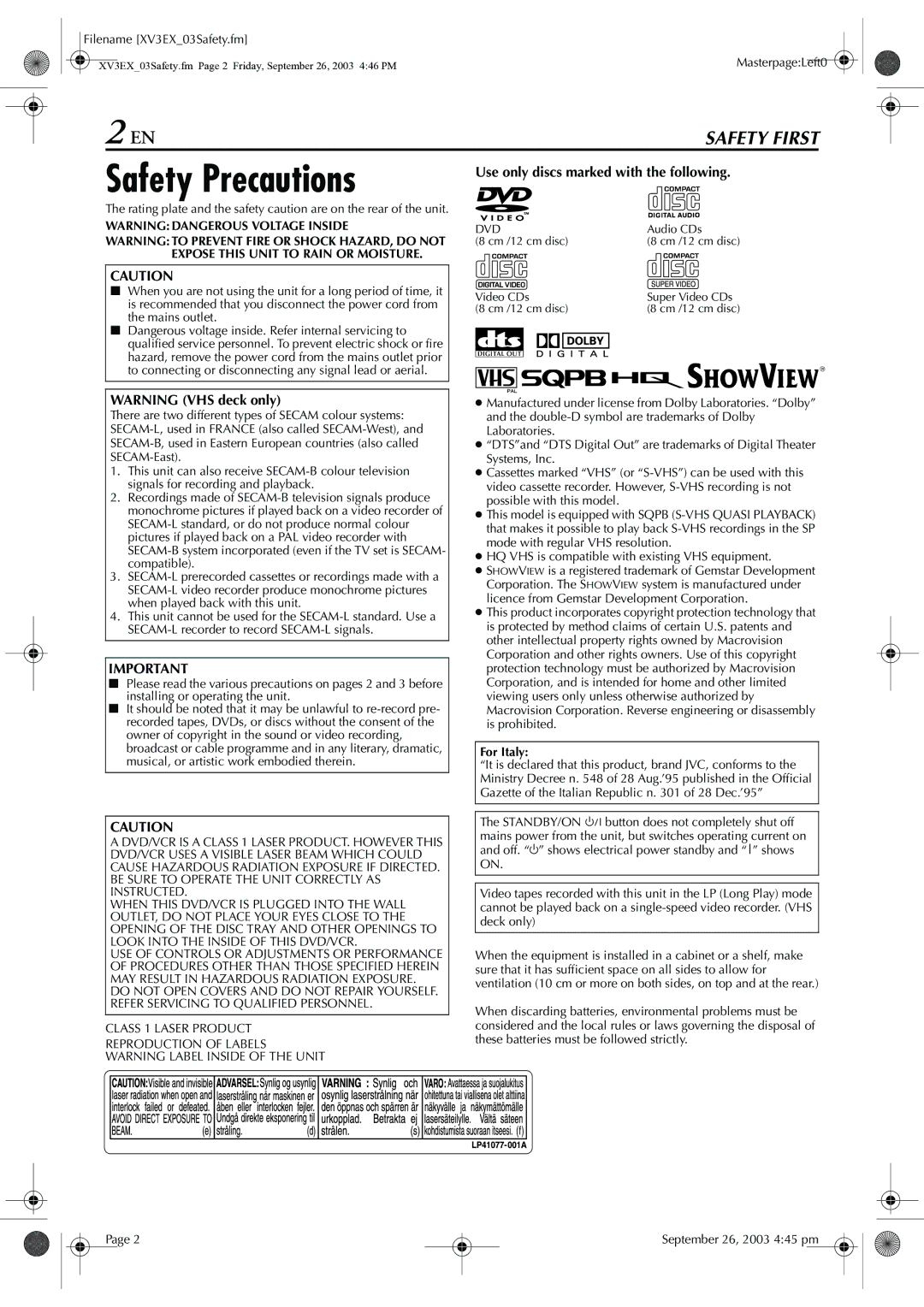 JVC HR-XV32E manual Safety Precautions, Use only discs marked with the following, Filename XV3EX03Safety.fm, For Italy 