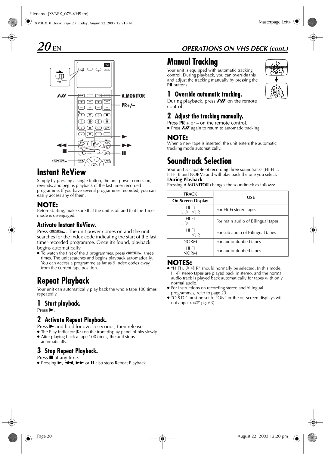 JVC HR-XV32E manual 20 EN, Manual Tracking, Instant ReView, Repeat Playback, Soundtrack Selection 