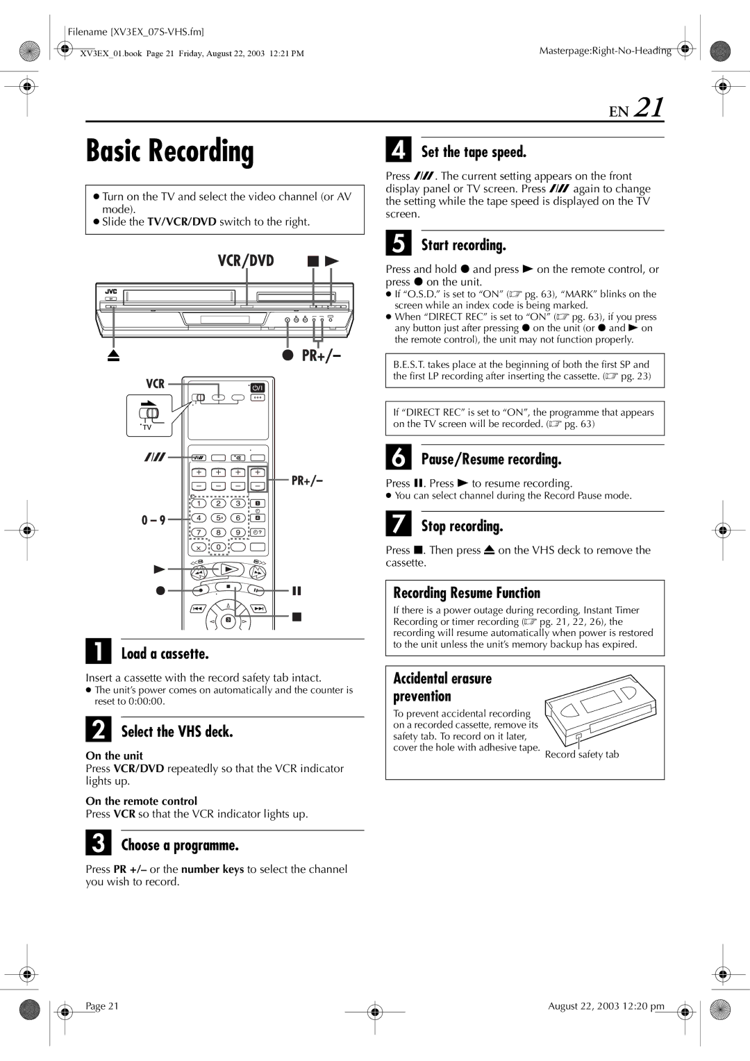 JVC HR-XV32E manual Basic Recording 