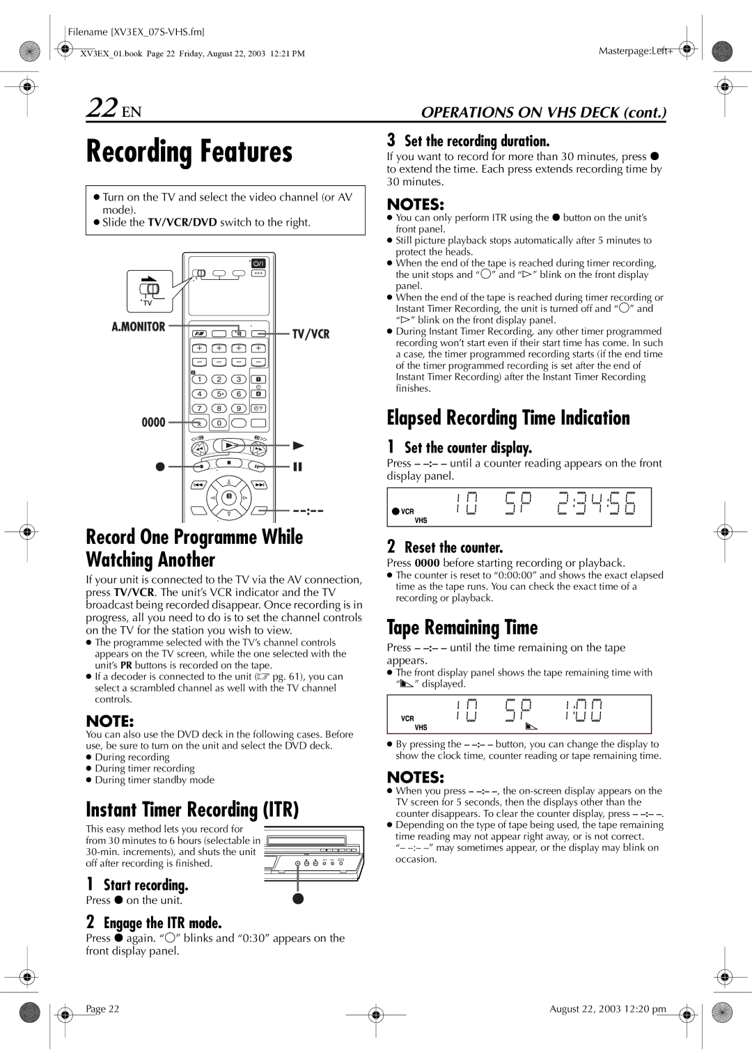 JVC HR-XV32E manual 22 EN, Recording Features, Elapsed Recording Time Indication, Tape Remaining Time 