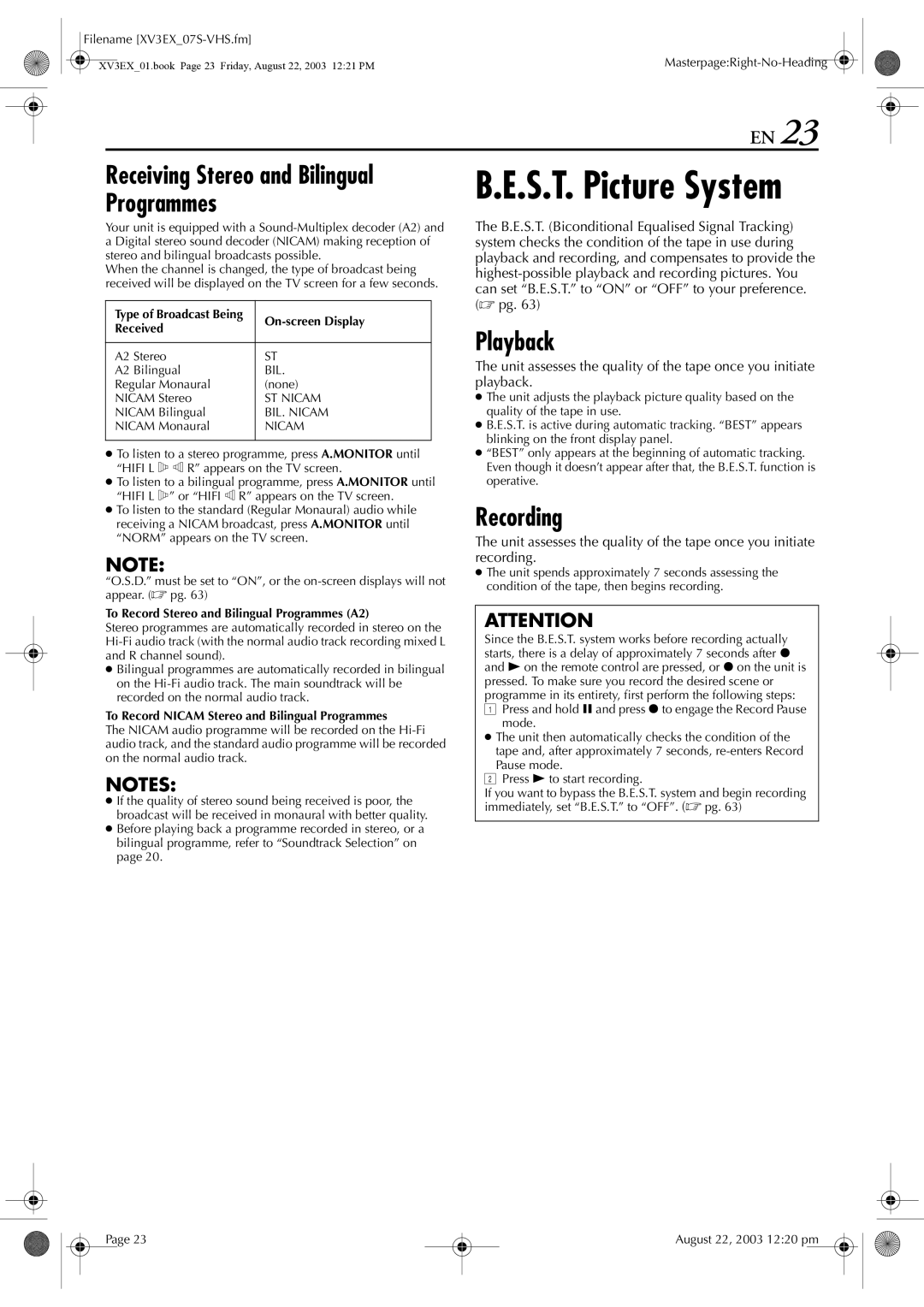 JVC HR-XV32E manual S.T. Picture System, Receiving Stereo and Bilingual Programmes, Playback, Recording 