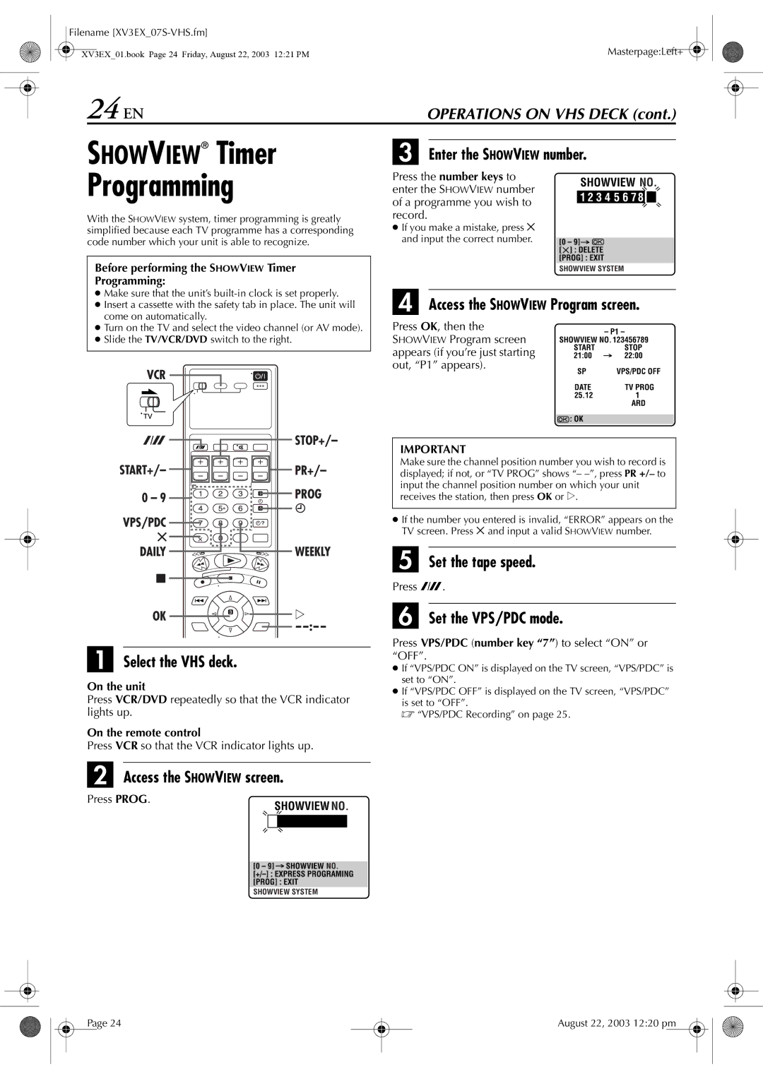 JVC HR-XV32E manual 24 EN, Howv IEW Timer, Programming 