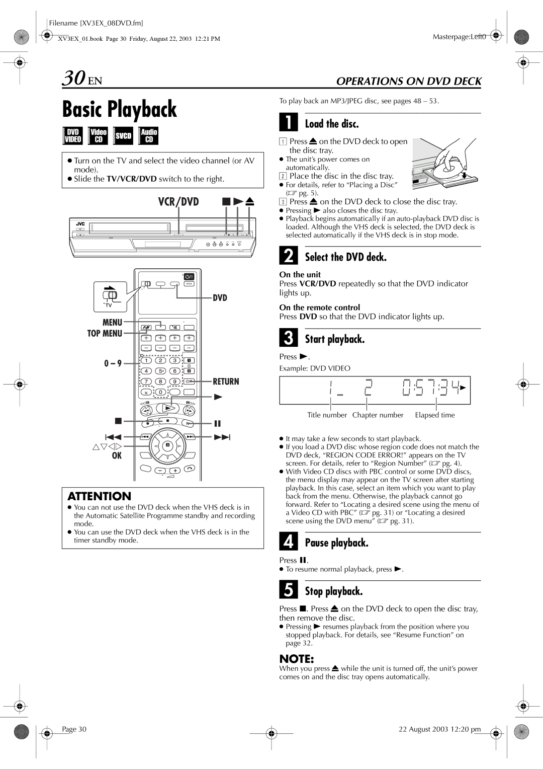 JVC HR-XV32E manual 30 EN, Basic Playback, Load the disc, Pause playback 