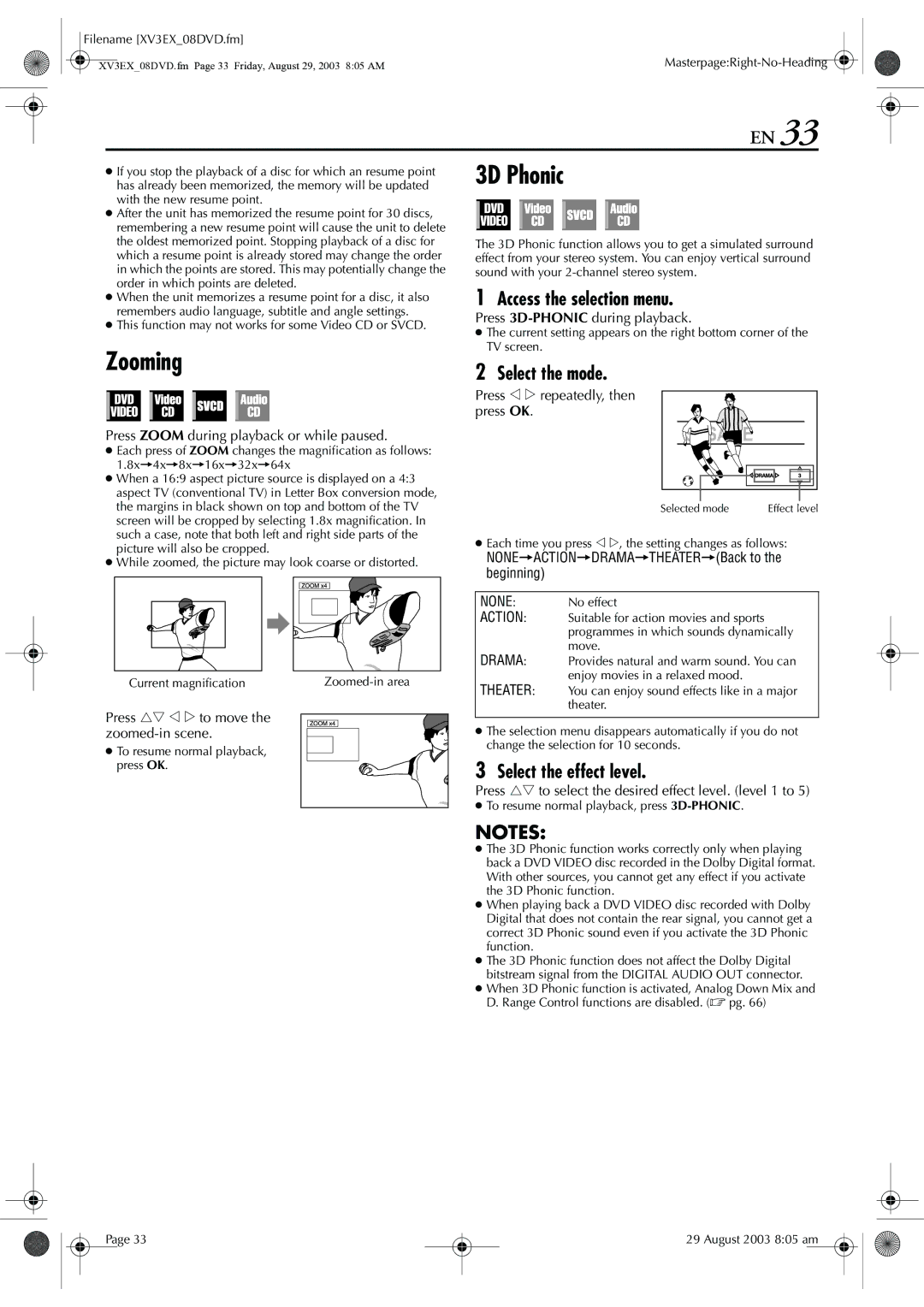 JVC HR-XV32E manual Zooming 3D Phonic, Access the selection menu, Select the effect level 