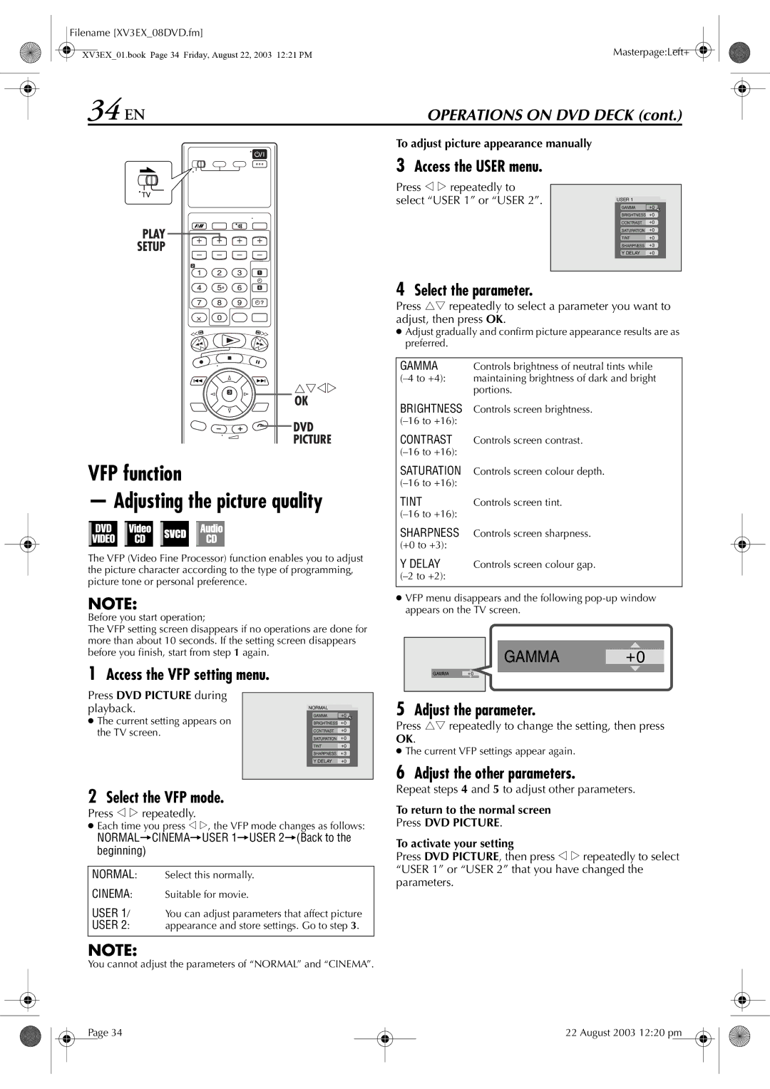 JVC HR-XV32E manual 34 EN, VFP function Adjusting the picture quality 