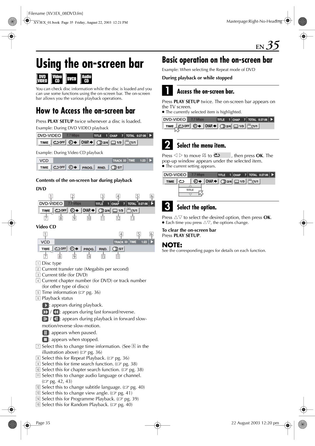 JVC HR-XV32E manual Basic operation on the on-screen bar, Access the on-screen bar, Select the option 