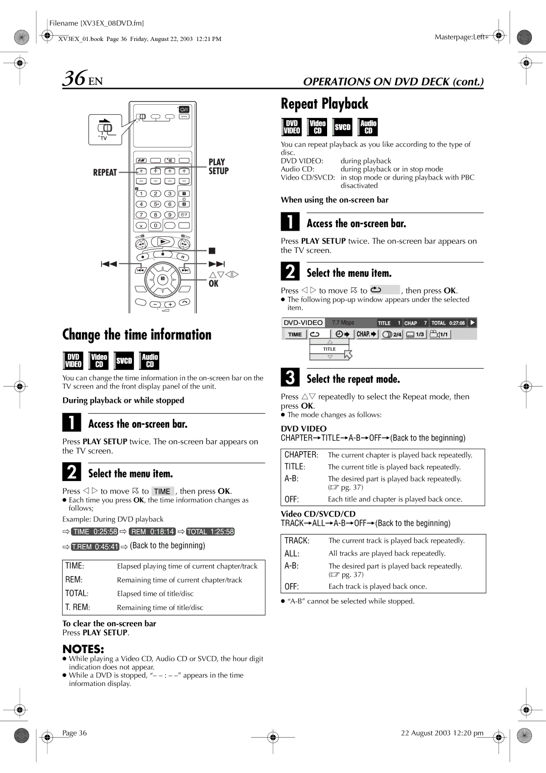 JVC HR-XV32E manual 36 EN, Change the time information, Select the menu item, Select the repeat mode 