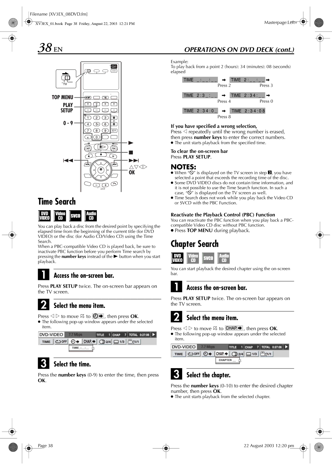 JVC HR-XV32E manual 38 EN, Time Search, Chapter Search 