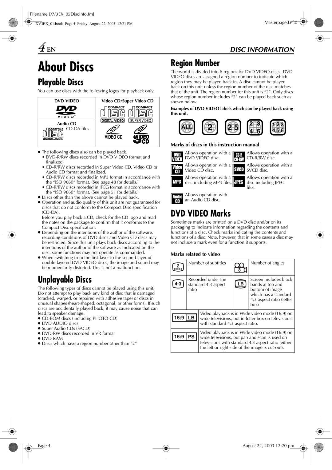 JVC HR-XV32E manual About Discs, Playable Discs, Unplayable Discs, Region Number, DVD Video Marks 