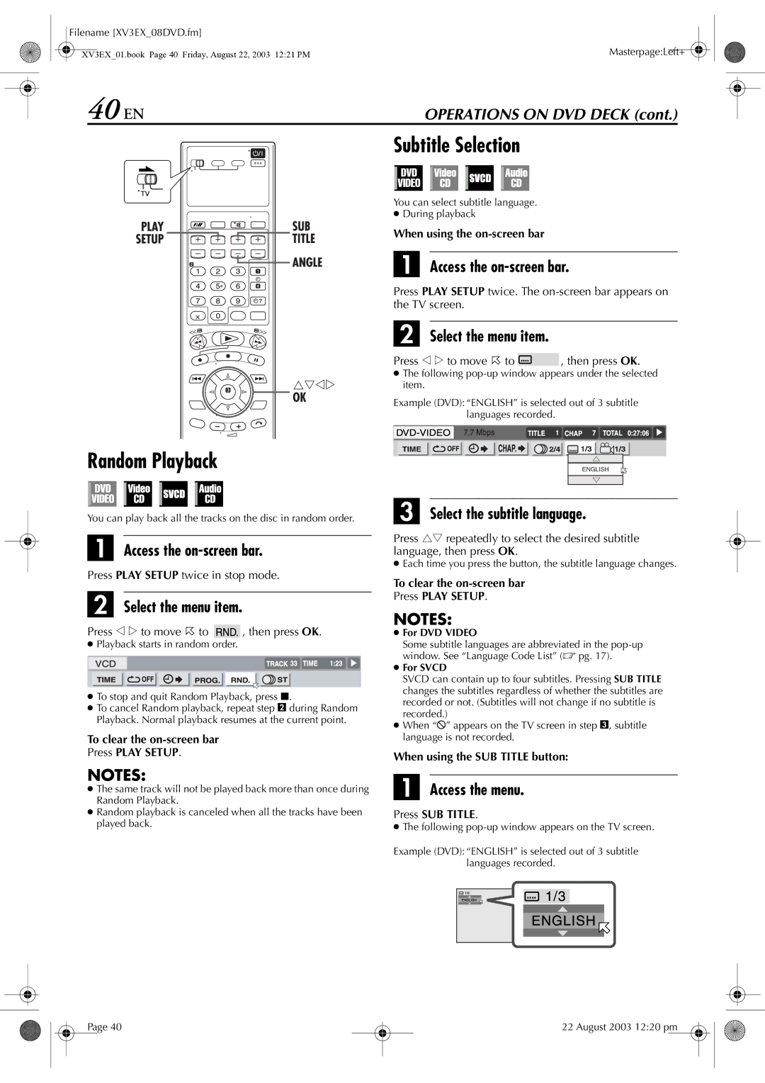 JVC HR-XV32E manual 40 EN, Subtitle Selection, Random Playback, Select the subtitle language, Access the menu 