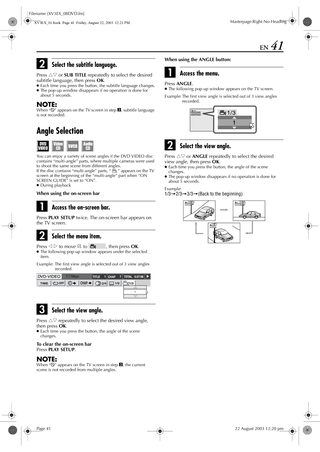 JVC HR-XV32E manual Angle Selection, Select the view angle, When using the Angle button, Press Angle 