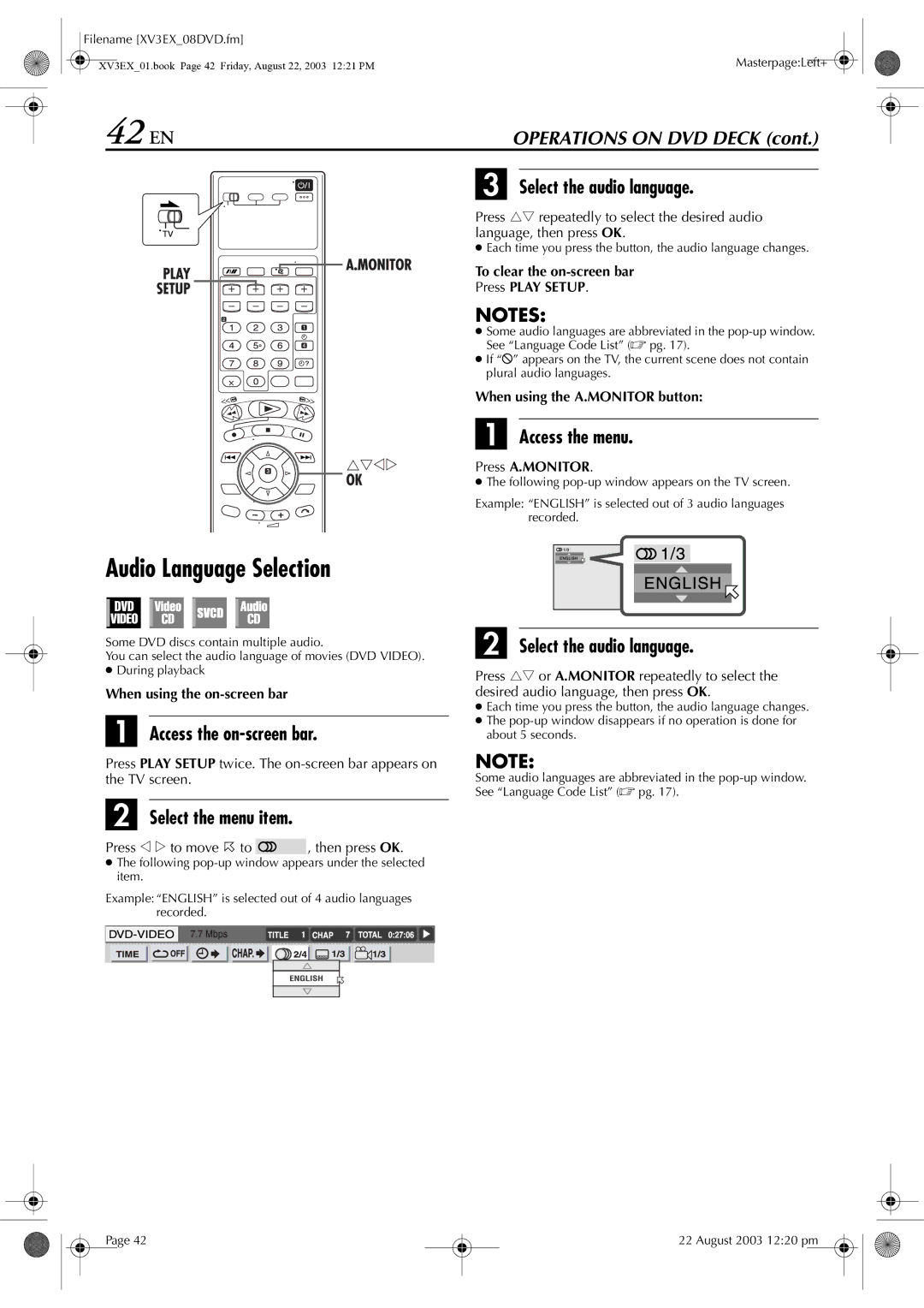 JVC HR-XV32E 42 EN, Audio Language Selection, Select the audio language, When using the A.MONITOR button, Press A.MONITOR 