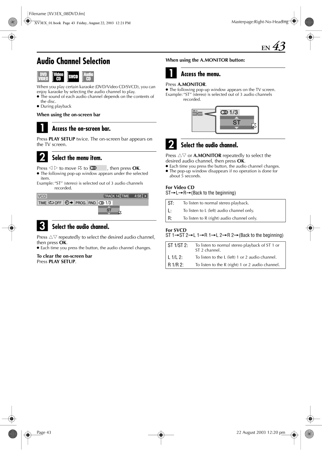 JVC HR-XV32E manual Audio Channel Selection, Select the audio channel, For Video CD, For Svcd 