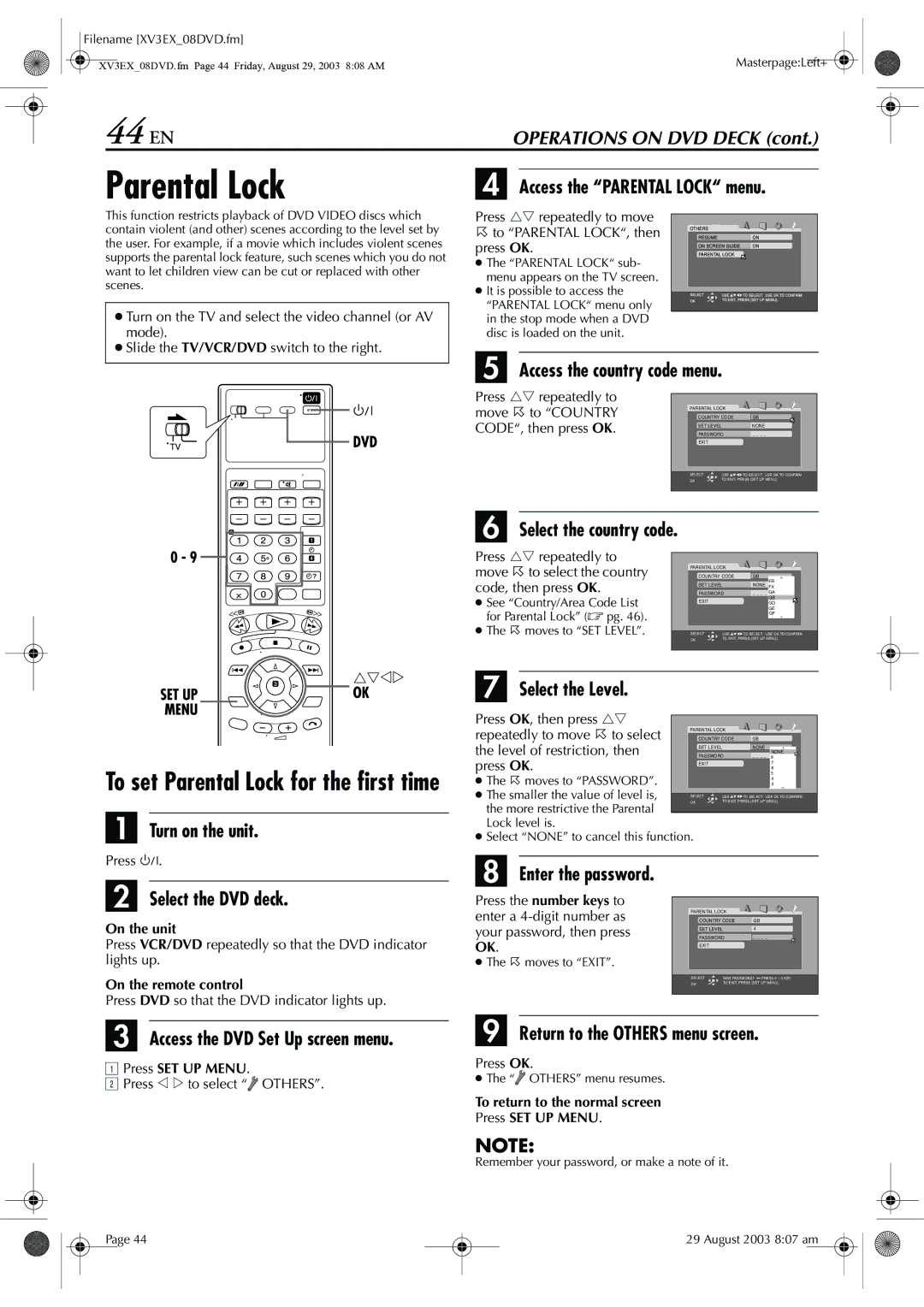 JVC HR-XV32E manual 44 EN, Parental Lock 