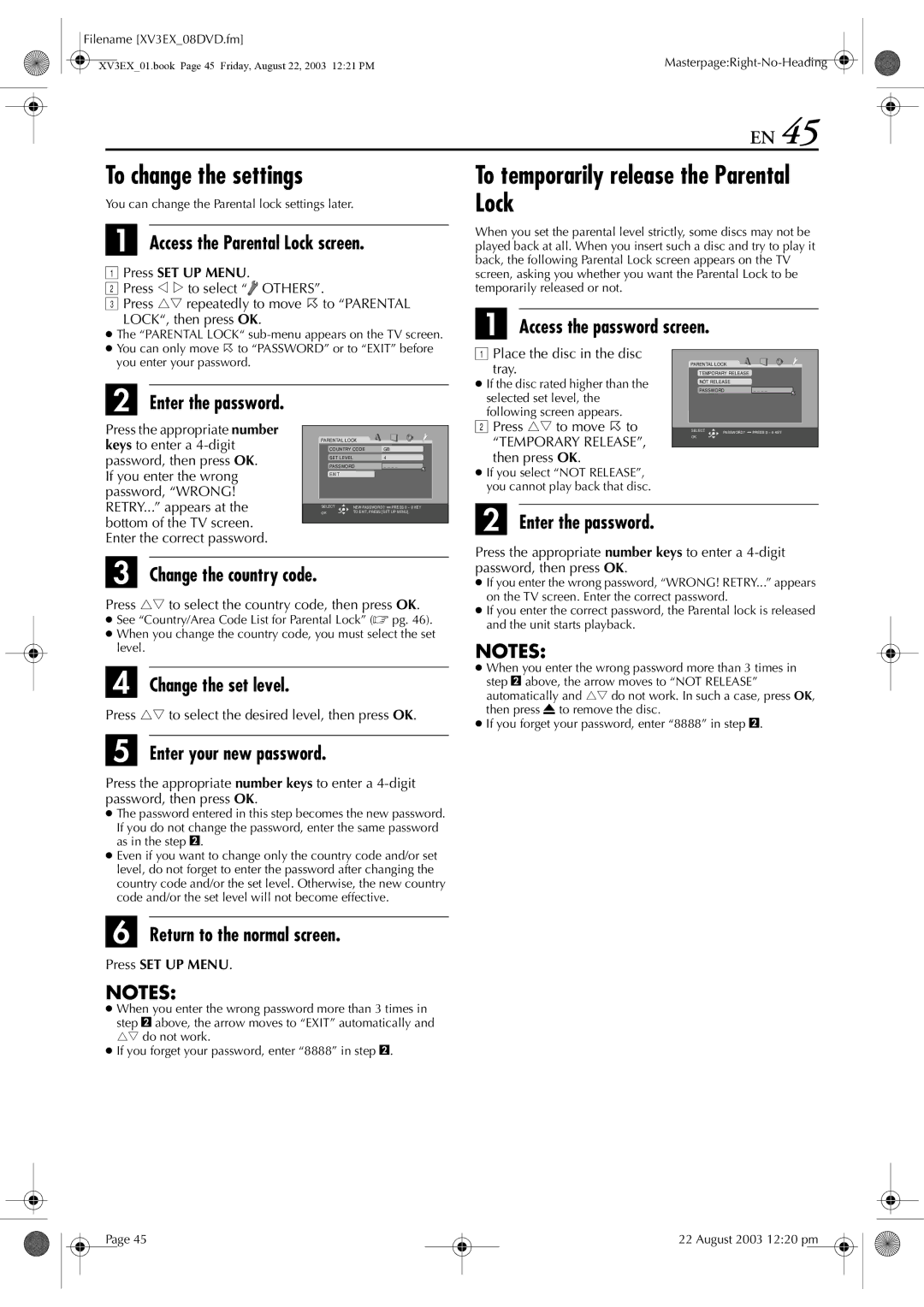 JVC HR-XV32E manual To change the settings, To temporarily release the Parental Lock 