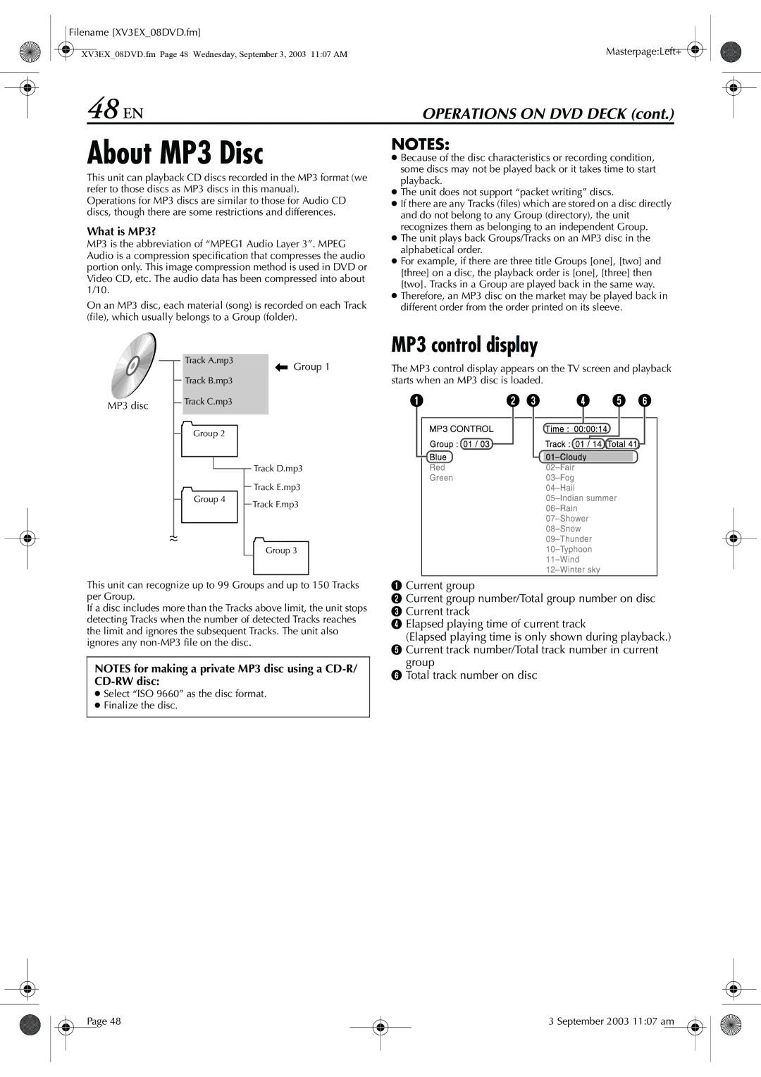 JVC HR-XV32E manual 48 EN, About MP3 Disc, MP3 control display, What is MP3?, Group Total track number on disc 