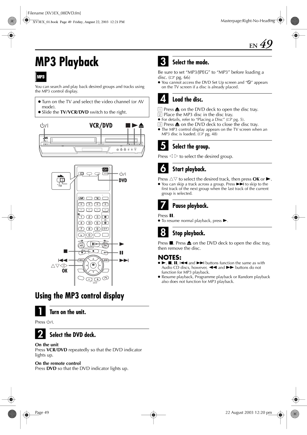 JVC HR-XV32E manual MP3 Playback, Using the MP3 control display, Select the group, Press w e to select the desired group 