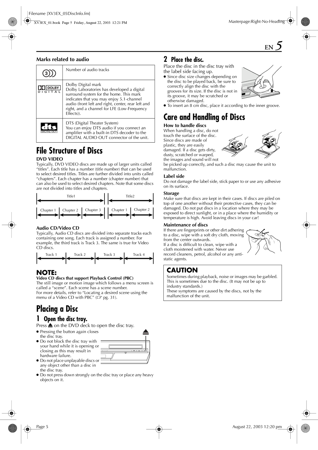 JVC HR-XV32E manual File Structure of Discs, Care and Handling of Discs, Placing a Disc, Place the disc, Open the disc tray 