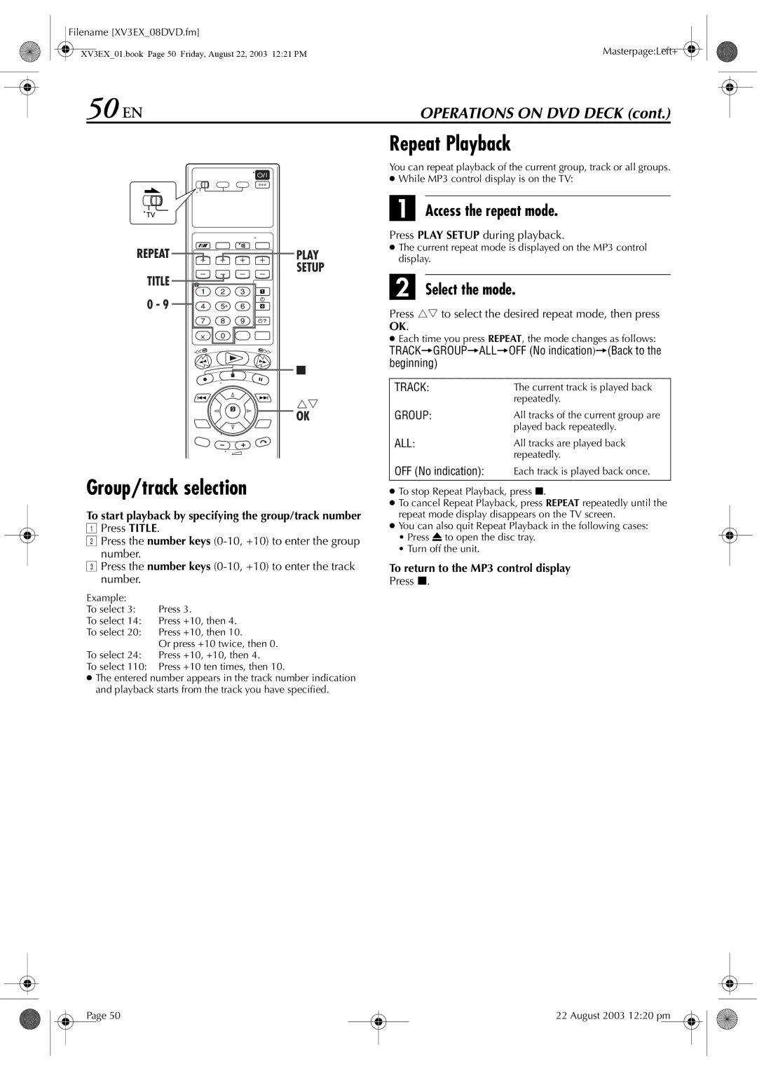 JVC HR-XV32E manual 50 EN, Repeat Playback Group/track selection, To start playback by specifying the group/track number 