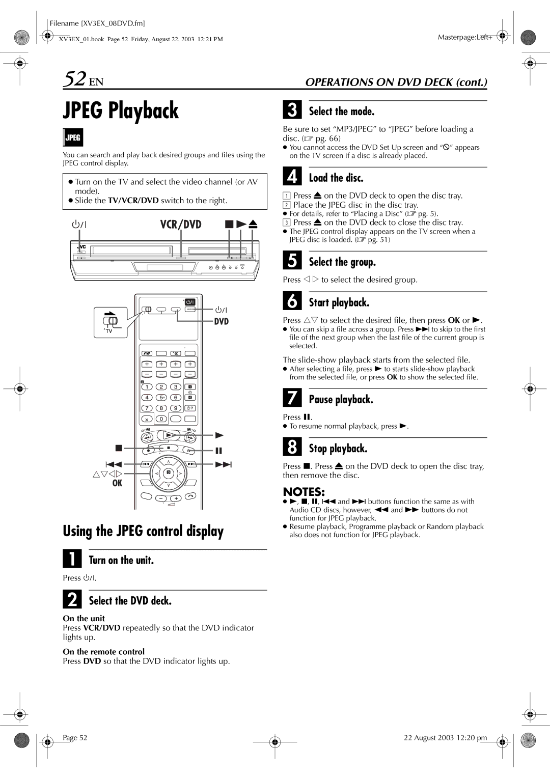 JVC HR-XV32E manual 52 EN, Using the Jpeg control display, Press rt to select the desired file, then press OK or 