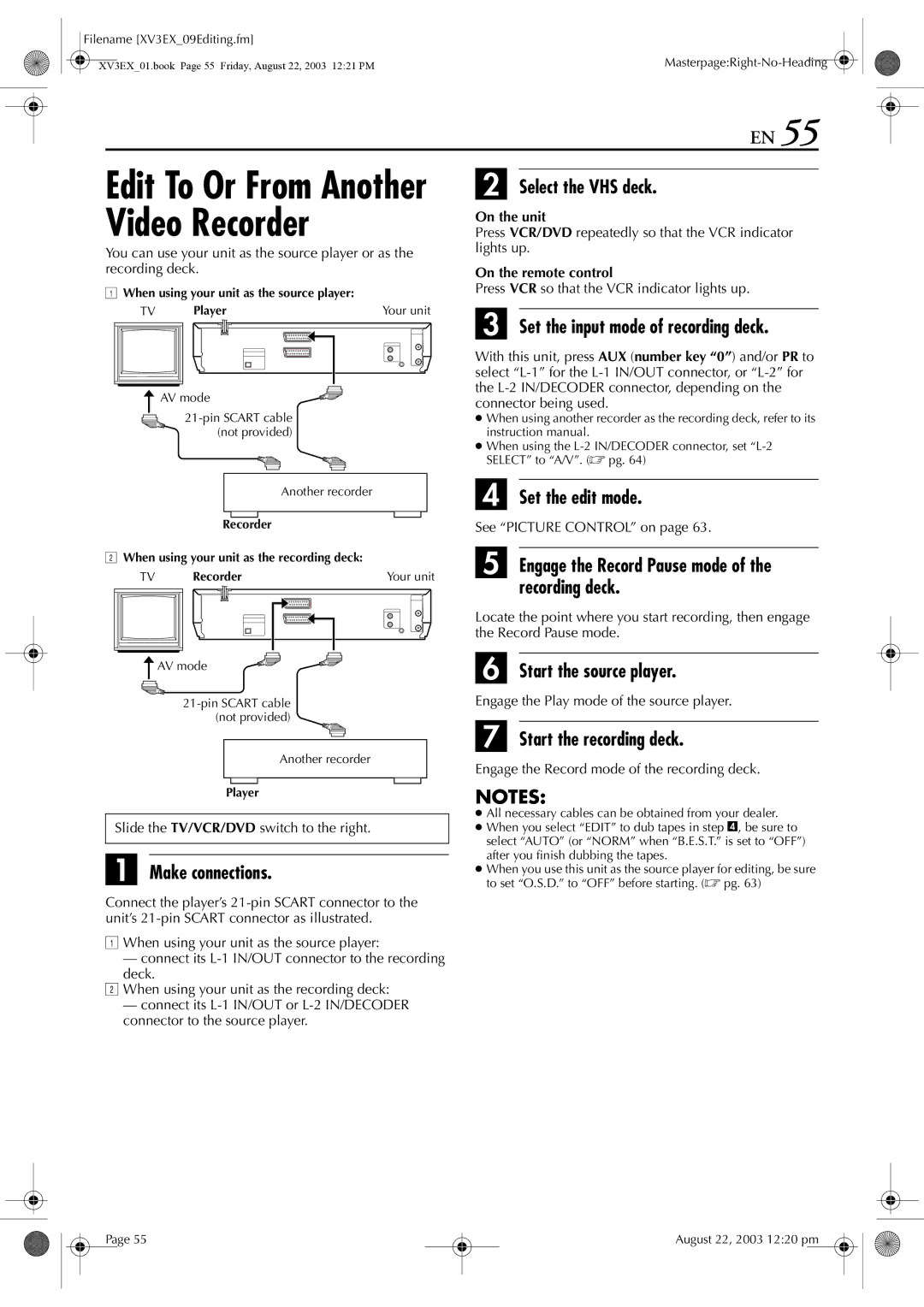 JVC HR-XV32E Video Recorder, Make connections, Engage the Record Pause mode of the recording deck, Start the source player 