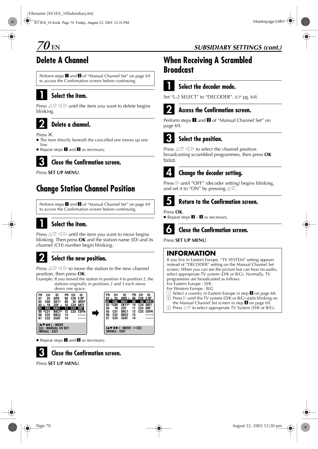 JVC HR-XV32E manual 70 EN, Delete a Channel, Broadcast 