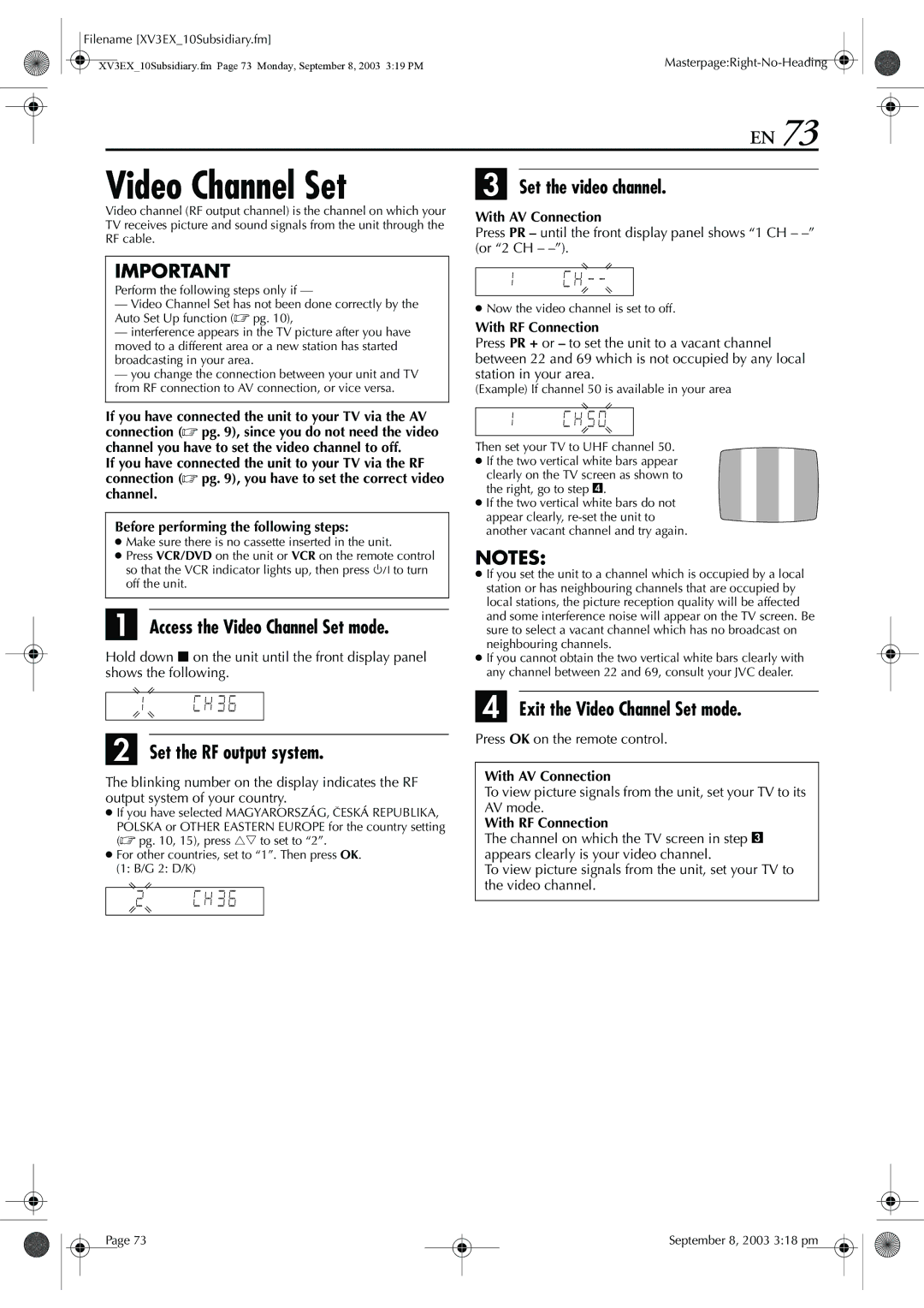 JVC HR-XV32E manual Access the Video Channel Set mode, Set the RF output system, Exit the Video Channel Set mode 