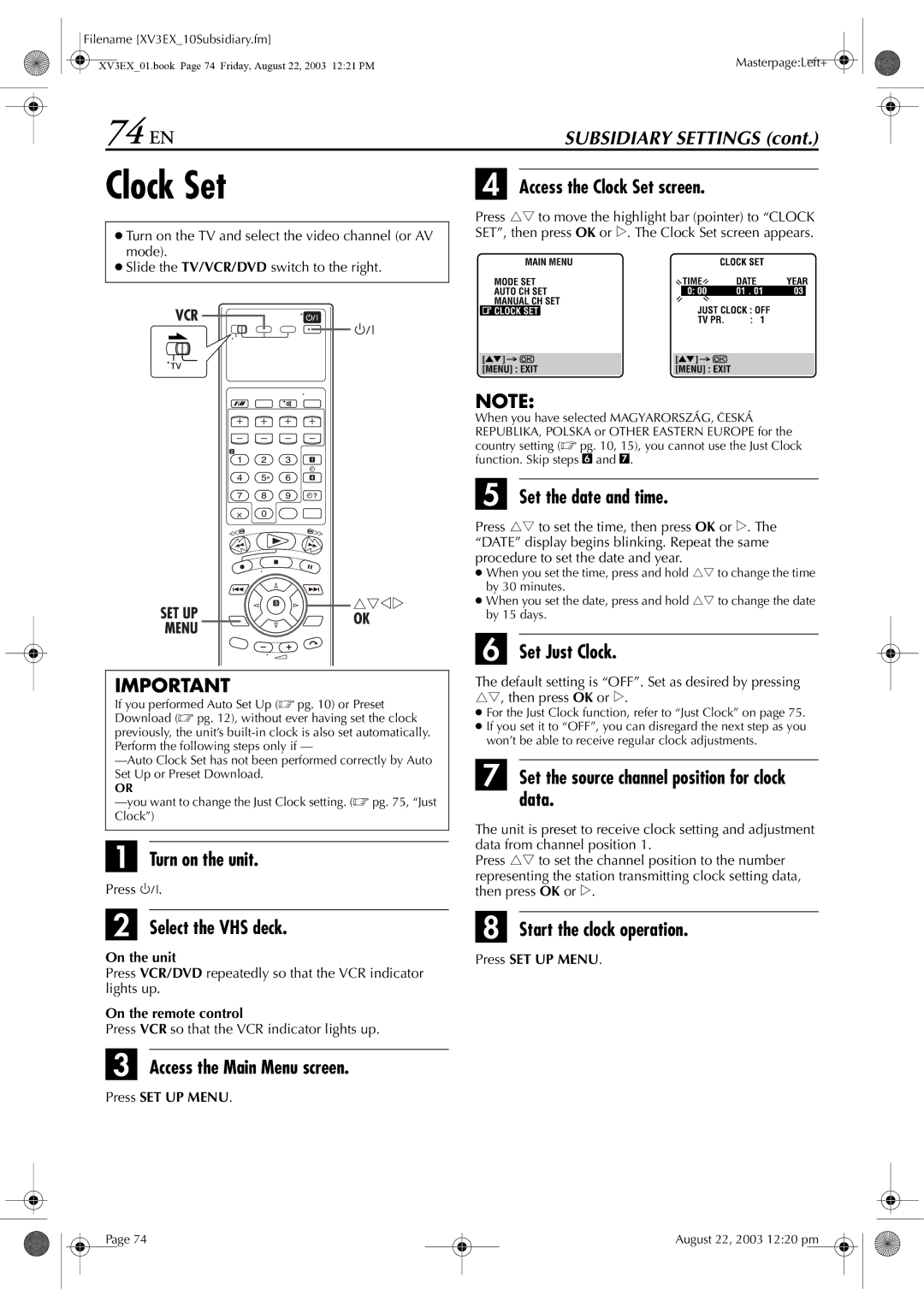 JVC HR-XV32E manual 74 EN, Set the date and time, Set Just Clock, Set the source channel position for clock data 