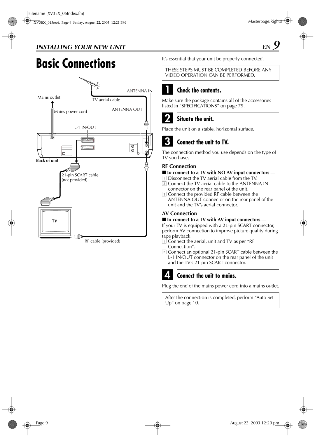 JVC HR-XV32E Basic Connections, Check the contents, Situate the unit, Connect the unit to TV, Connect the unit to mains 