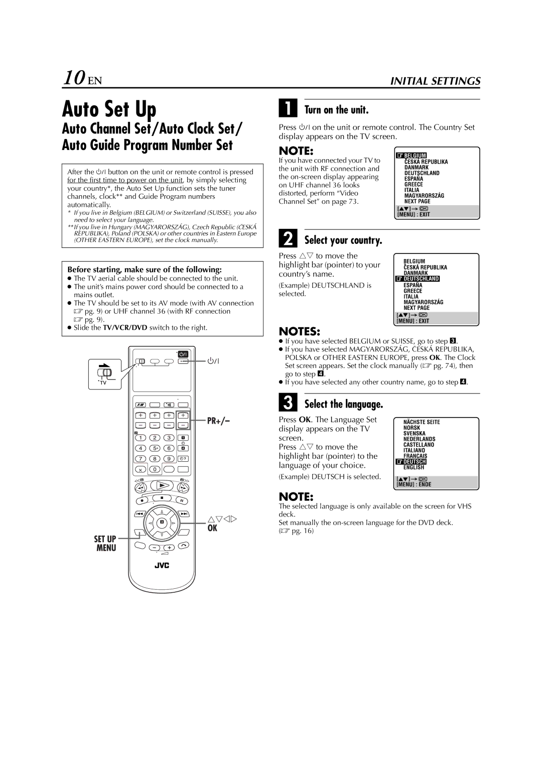 JVC HR-XV3E manual 10 EN, Auto Set Up, Turn on the unit, Select your country, Select the language 