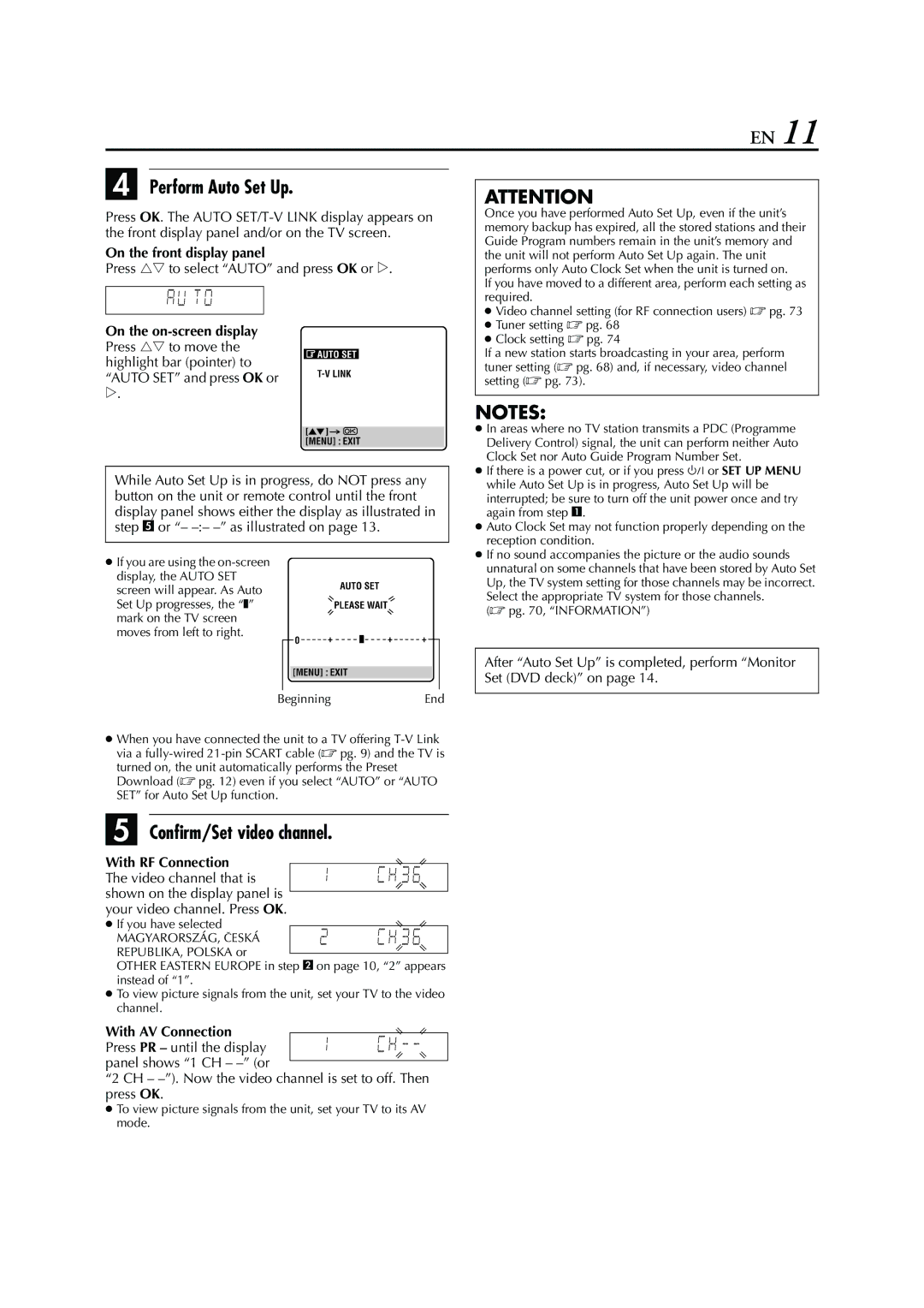 JVC HR-XV3E manual Perform Auto Set Up, Confirm/Set video channel, On the front display panel 