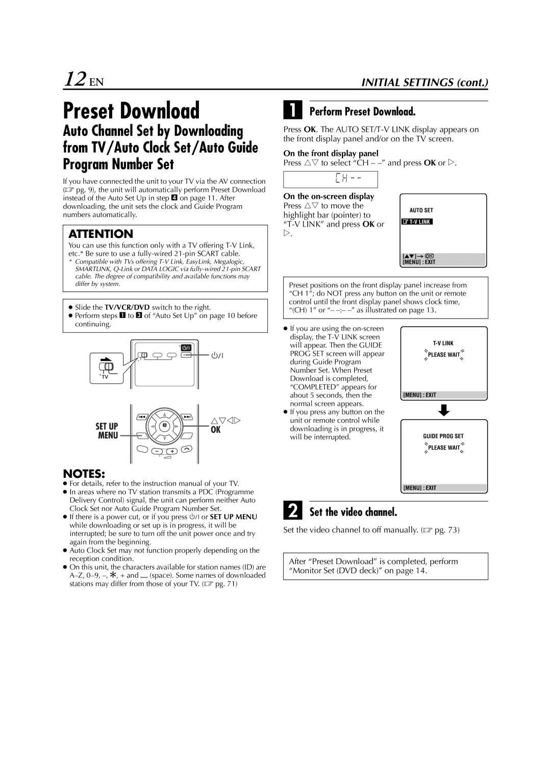 JVC HR-XV3E manual 12 EN, Perform Preset Download, Set the video channel, On the on-screen display 