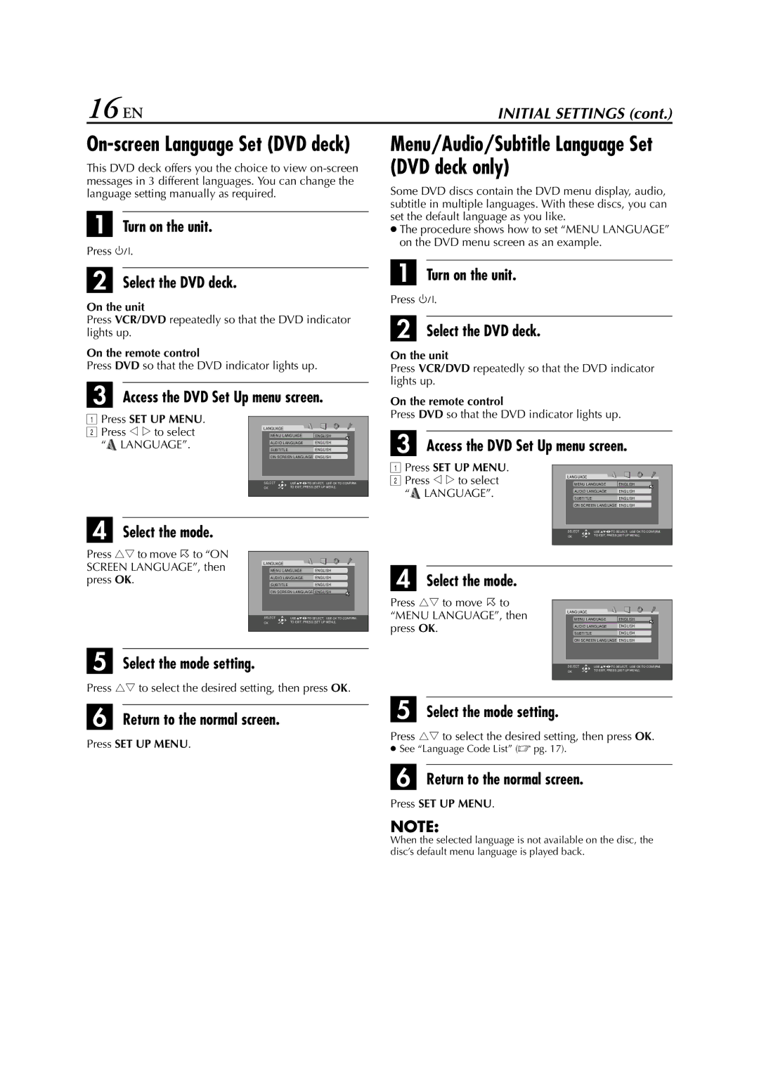 JVC HR-XV3E 16 EN, Access the DVD Set Up menu screen, Language, Press rt to move H to on Screen LANGUAGE, then press OK 