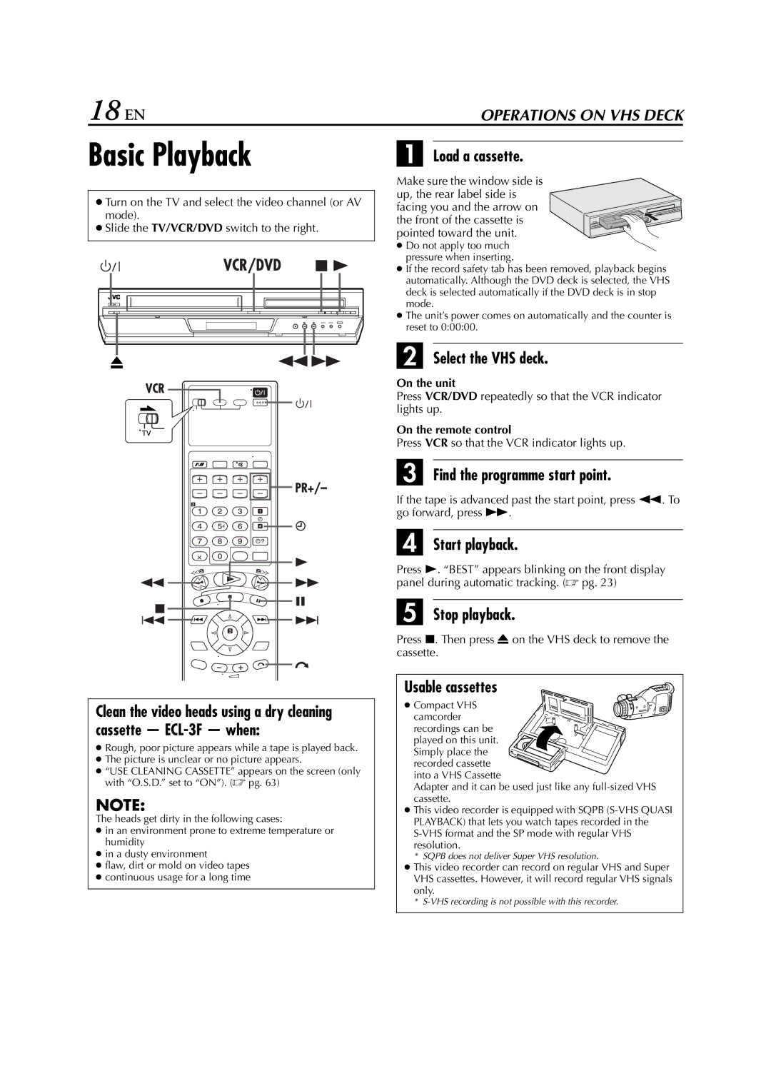 JVC HR-XV3E manual 18 EN, Basic Playback 