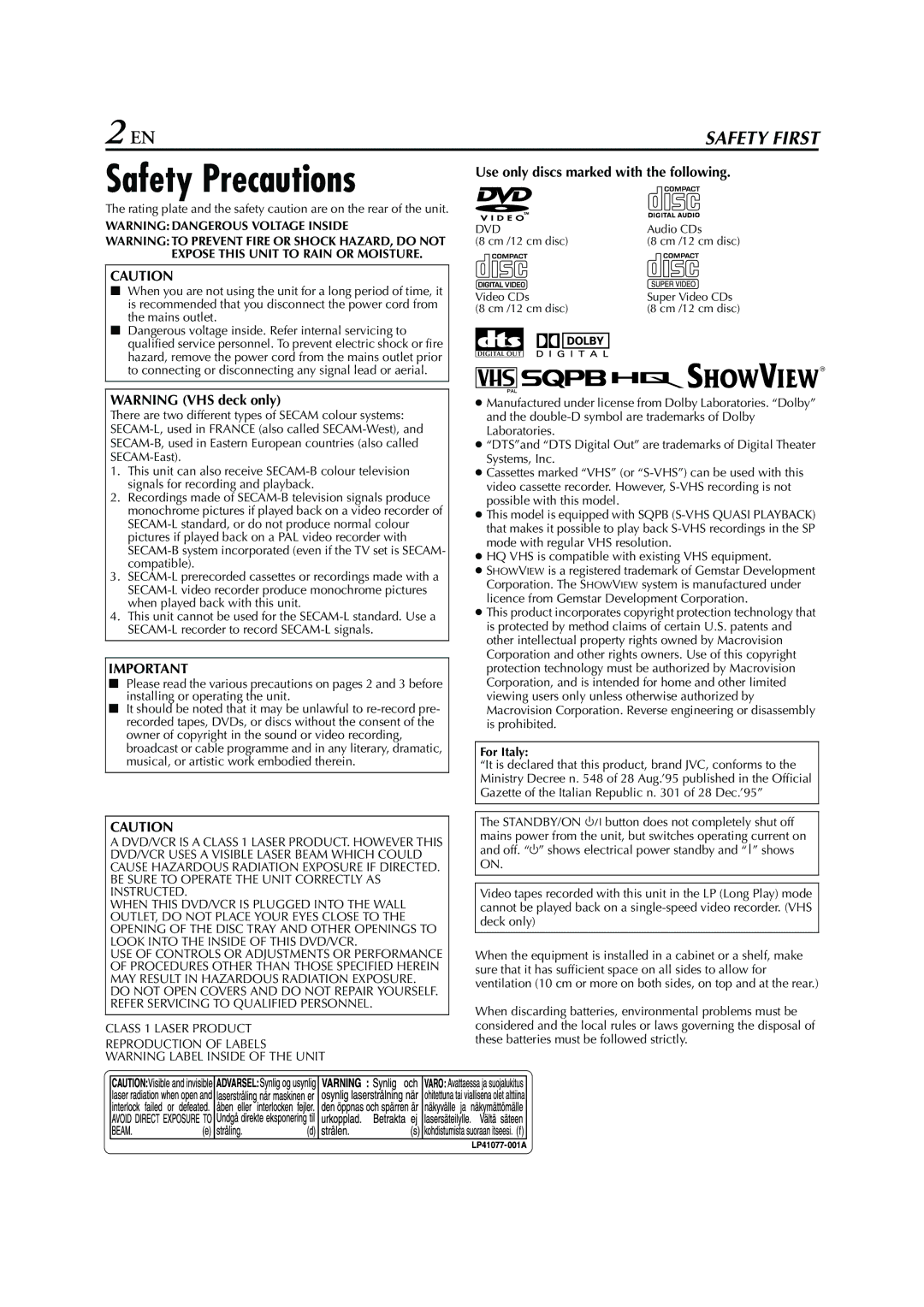 JVC HR-XV3E manual Safety Precautions, Use only discs marked with the following, For Italy 