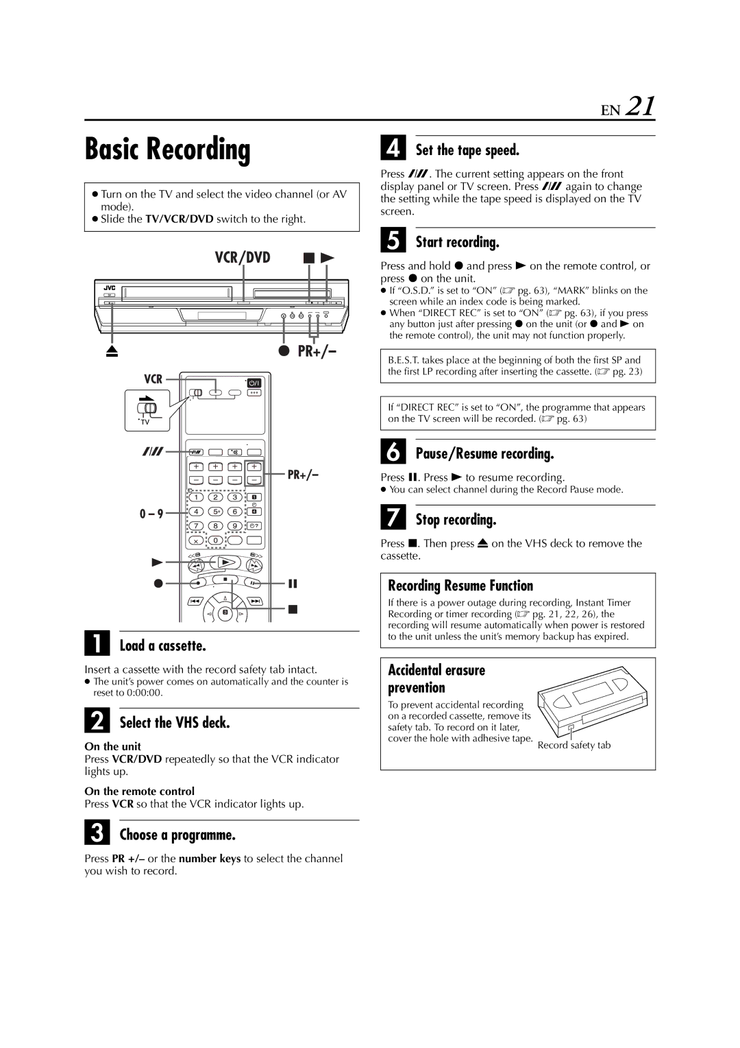 JVC HR-XV3E manual Basic Recording 