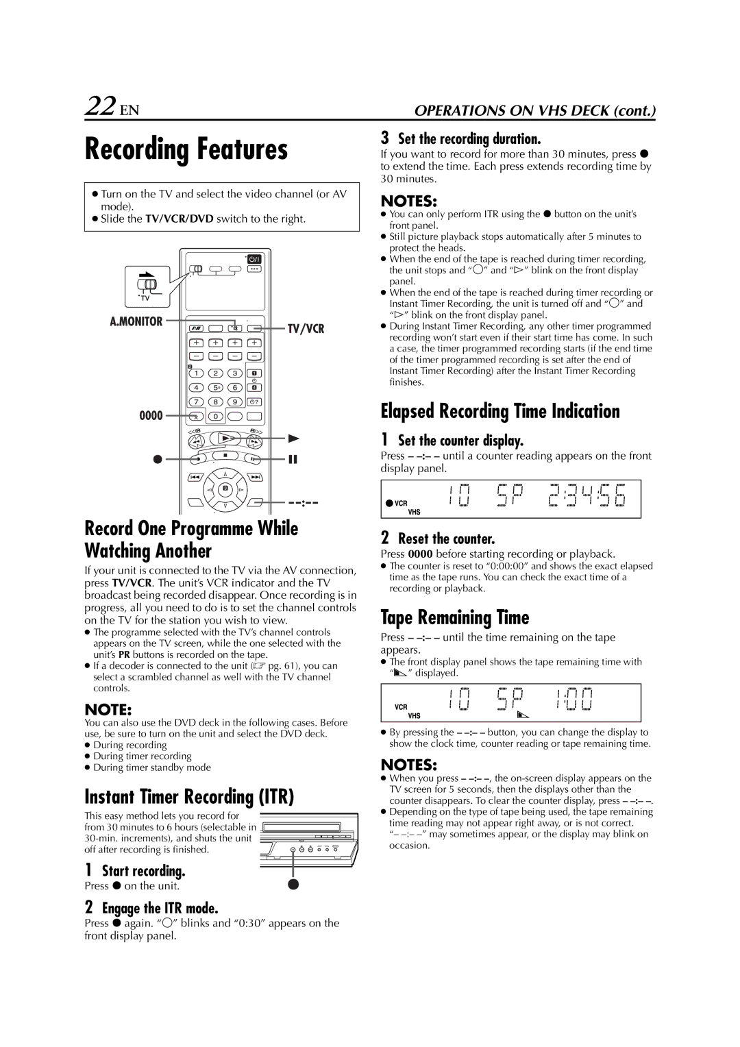 JVC HR-XV3E manual 22 EN, Recording Features, Instant Timer Recording ITR, Tape Remaining Time 