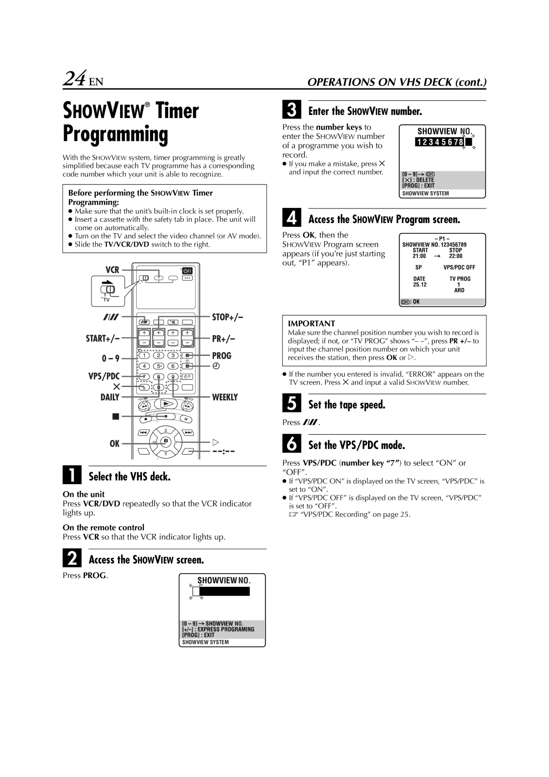 JVC HR-XV3E manual 24 EN, Showview Timer Programming 