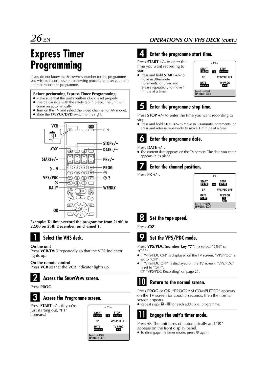 JVC HR-XV3E manual 26 EN, Express Timer Programming 