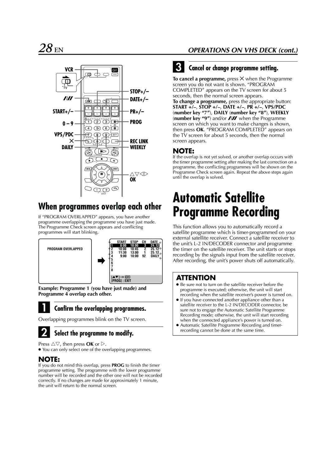 JVC HR-XV3E manual 28 EN, Select the programme to modify, Cancel or change programme setting, Press rt, then press OK or e 